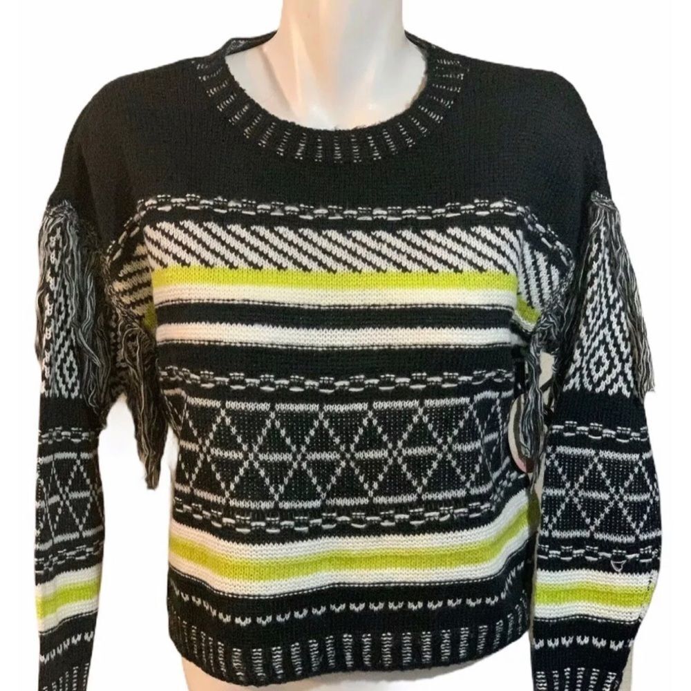 Full Circle Trends/Black White Lime Green Fringe Sweater/Small